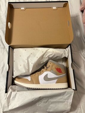 Jordan Mid-Top Sneakers in Tan, White & Gray with Red Wings Logo